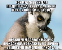 мои мудрые учителя предупреждали не раз, а я им не верил, и позор мне за это: прежде чем сорвать маску с проходимца и обнажить его личину, убедись, не намордник ли это?