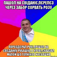 пашол на свіданіє,пєрелєз через забор сорвать розу пороздєрал рукі,прішол на свєданку рубашка в крові,скаазал малой шо гопніков наєбашив