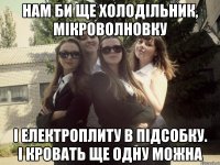 нам би ще холодільник, мікроволновку і електроплиту в підсобку. і кровать ще одну можна