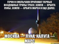 Герои и смельчаки проложат первые воздушные тропы трасс: Земля — орбита Луны, Земля — орбита Марса и еще далее: Москва — Луна, Калуга — Марс