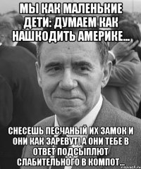 Мы как маленькие дети: думаем как нашкодить Америке... Снесешь песчаный их замок и они как заревут! А они тебе в ответ подсыплют слабительного в компот...
