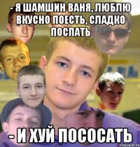 - я шамшин ваня, люблю вкусно поесть, сладко поспать - и хуй пососать