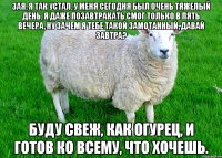Зая, я так устал, у меня сегодня был очень тяжелый день, я даже позавтракать смог только в пять вечера, ну зачем я тебе такой замотанный, давай завтра? буду свеж, как огурец, и готов ко всему, что хочешь.