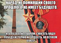 Народ, не помнящий своего прошлого, не имеет будущего. Кто позволил тварям, сжигать нашу победу,историю и гордость, на вечном огне!?