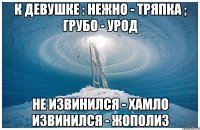 К ДЕВУШКЕ : НЕЖНО - ТРЯПКА ; ГРУБО - УРОД НЕ ИЗВИНИЛСЯ - ХАМЛО ИЗВИНИЛСЯ - ЖОПОЛИЗ