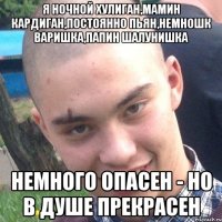 я ночной хулиган,мамин кардиган,постоянно пьян,немношк варишка,папин шалунишка немного опасен - но в душе прекрасен