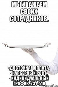 МЫ УВАЖАЕМ СВОИХ СОТРУДНИКОВ. -достойная оплата, -карьерный рост, -индивидуальный график. 231-510