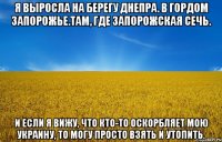Я выросла на берегу Днепра. В гордом Запорожье.Там, где Запорожская Сечь. И если я вижу, что кто-то оскорбляет мою Украину, то могу просто взять и утопить.