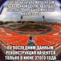 по первоначальным прогнозам стадион динамо должен был быть отреконструированным к концу июня 2014-го По последним данным, реконструкция начентся только в июне этого года