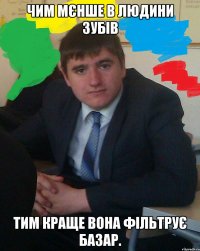 Чим мєнше в людини зубів тим краще вона фільтрує базар.
