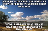 однажды ты спросишь, "как я живу?" к я отвечу что получаю три миллиона и живу около моря. ты будешь мне завидовать, так и не узнав, что живу я в беларуси около минского моря