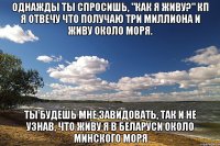 однажды ты спросишь, "как я живу?" кп я отвечу что получаю три миллиона и живу около моря. ты будешь мне завидовать, так и не узнав, что живу я в беларуси около минского моря