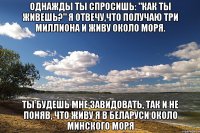 однажды ты спросишь: "как ты живешь?" я отвечу,что получаю три миллиона и живу около моря. ты будешь мне завидовать, так и не поняв, что живу я в беларуси около минского моря