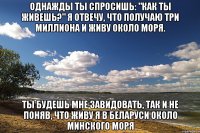 однажды ты спросишь: "как ты живешь?" я отвечу, что получаю три миллиона и живу около моря. ты будешь мне завидовать, так и не поняв, что живу я в беларуси около минского моря