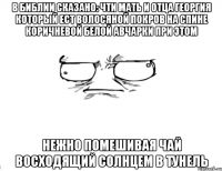 В библии сказано: чти мать и отца Георгия который ест волосяной покров на спине коричневой белой авчарки при этом нежно помешивая чай восходящий солнцем в тунель