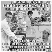 В глобальном рейтинге конкурентоспособности талантов (GTCI)Россия на 51 месте из 103 В глобальном рейтинге конкурентоспособности талантов (GTCI) и развития человеческого капитала (Human Capital, HC) для 103 стран РФ на 51 месте.