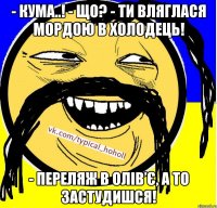 - Кума..! - Що? - Ти вляглася мордою в холодець! - Переляж в олів’є, а то застудишся!