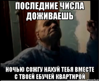 Последние числа доживаешь Ночью сожгу нахуй тебя вместе с твоей ебучей квартирой