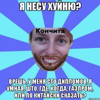 Я несу хуйню? Врешь, у меня сто дипломов, я умная, што, где, когда, газпром, или по китайски сказать?