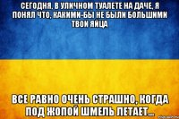 Сегодня, в уличном туалете на даче, я понял что, какими-бы не были большими твои яйца все равно очень страшно, когда под жопой шмель летает...