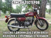 Список тестеров 1.koleno 2.Джонни Доб 3.Verni Bro 4. Kolhoznik 5. СуперЖаба)) 6. Keksa4ok
