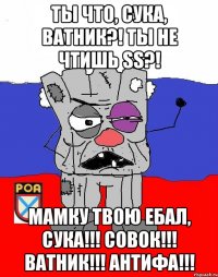 ТЫ ЧТО, СУКА, ВАТНИК?! ТЫ НЕ ЧТИШЬ SS?! МАМКУ ТВОЮ ЕБАЛ, СУКА!!! СОВОК!!! ВАТНИК!!! АНТИФА!!!