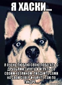 Я ХАСКИ... Я очень люблю свою побегать с друзьями,гулять и играть со своим хозяином. Пиздуйте сами на свой север и хуячте там по тундре....