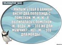 – Милый, у тебя в ванной висят два полотенца с пометкой "М" и "Ж". Я вытиралась с пометкой "Ж", ведь "М" – это же для мужчин? – Нет, "М" – это для морды...