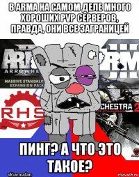 в arma на самом деле много хороших pvp серверов, правда, они все заграницей пинг? а что это такое?
