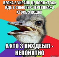 весна в україні це коли хтось йде в зимових черевиках а хтось у кєдах а хто з них дебіл - непонятно