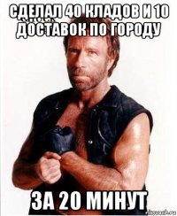 сделал 40 кладов и 10 доставок по городу за 20 минут