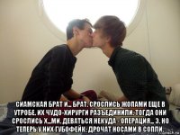  сиамская брат и... брат. срослись жопами еще в утробе. их чудо-хирурги разъединили. тогда они срослись х...ми. деваться некуда - операция... э. но теперь у них губофейк: дрочат носами в сопли.