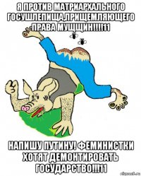 я против матриархального госушлепища,прищемляющего права мущщин!!!!11 напишу путину! феминистки хотят демонтировать государство!!!11