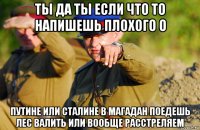 ты да ты если что то напишешь плохого о путине или сталине в магадан поедешь лес валить или вообще расстреляем