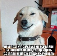  друг лоханулся, спустил все бабки на колесо, а на следующий день сделали не плохие акции на мебель