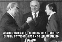  знаешь, как мат по-пролетарски ставить? берешь от так от ферзя и по щщам ему, по щщам!