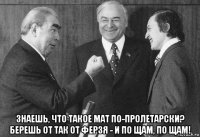  знаешь, что такое мат по-пролетарски? берешь от так от ферзя - и по щам, по щам!
