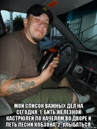  мой список важных дел на сегодня: 1. бить железной кастрюлей по качелям во дворе и петь песни кобзона. 2. улыбаться.