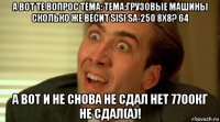 а вот те вопрос тема: тема:грузовые машины сколько же весит sisi sa-250 8x8? 64 а вот и не снова не сдал нет 7700кг не сдал(а)!