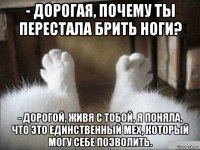 - дорогая, почему ты перестала брить ноги? - дорогой, живя с тобой, я поняла, что это единственный мех, который могу себе позволить.