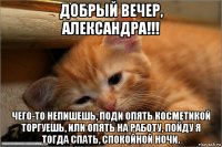 добрый вечер, александра!!! чего-то непишешь, поди опять косметикой торгуешь, или опять на работу, пойду я тогда спать, спокойной ночи.