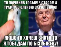 ти порівняв тоську з стасом а трампа з оленою василівною! якшо ти хочеш знати то я тобі дам по бізі біверу!