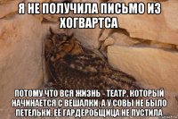 я не получила письмо из хогвартса потому что вся жизнь - театр, который начинается с вешалки, а у совы не было петельки, её гардеробщица не пустила