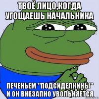 твоё лицо,когда угощаешь начальника печеньем "подсиделкины" и он внезапно увольняется