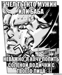 чел ты кто мужик или баба неважно, я хочу попить солёной водички с твоего лица