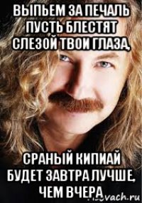 выпьем за печаль пусть блестят слезой твои глаза, сраный кипиай будет завтра лучше, чем вчера