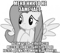 меня никто не замечает, потому что я - нуль(пустое место)неудивительно, что они не хотять дружить со мной, ведь я никто