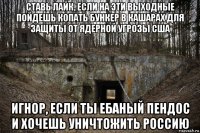ставь лайк, если на эти выходные пойдешь копать бункер в кашарах для защиты от ядерной угрозы сша игнор, если ты ебаный пендос и хочешь уничтожить россию