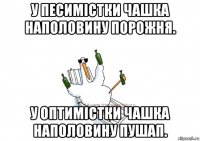 у песимістки чашка наполовину порожня. у оптимістки чашка наполовину пушап.