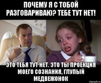 почему я с тобой разговариваю? тебе тут нет! это тебя тут нет. это ты проекция моего сознания, глупый медвежонок